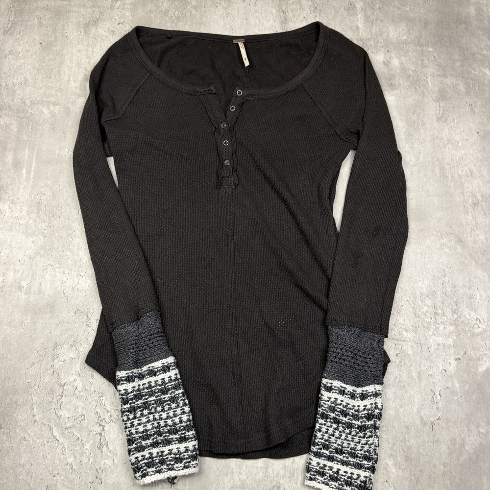 Free People Ski Lodge Henley Thermal Long Sleeve Ribbed Women’s Small Black